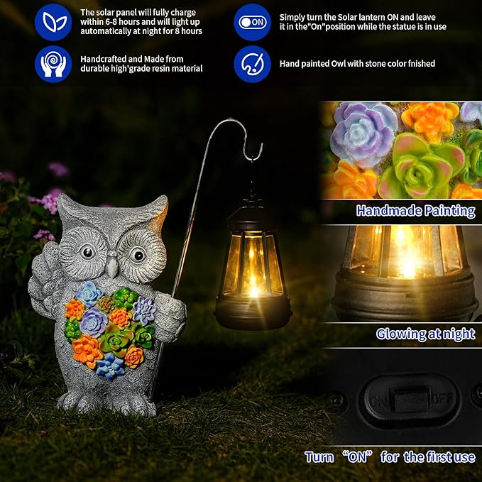 Solar Owl Garden Statue with Succulent Decor & Hanging Lantern – Outdoor Resin Decor for Patio, Yard, Balcony – Unique Gift for Women, Gardeners