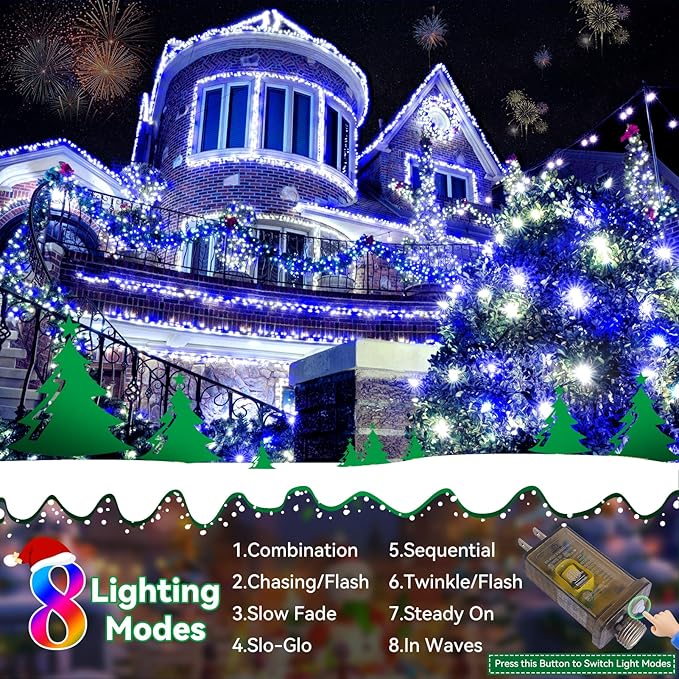 Heceltt Christmas Lights Outdoor, 522FT 1300 LED String Lights with 8 Lighting Modes, Timer Memory Twinkle Fairy Lights Waterproof Plug in for Xmas Tree Wedding Party Holiday Decor(Blue and White)