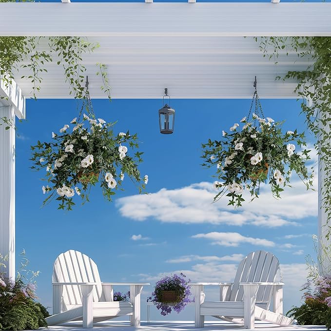 Artificial Flowers Artificial Petunias for Outdoors 2PCS Artificial Hanging Plants Outdoors Silk Flowers with Stems Outdoor Flowers Uv Resistant for Porch DecorTerrace Decor（White）Without Pot