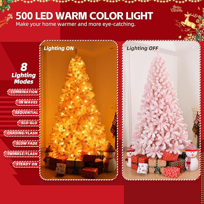 VINGLI 8ft Pink Artificial Christmas Pine Tree with 500 Warm LED Lights, Pre-Lit Flocked Xmas Tree with 1250 Full Branch Tips, Sturdy Metal Stand, 8 Color Modes for Holiday & Party Decorations