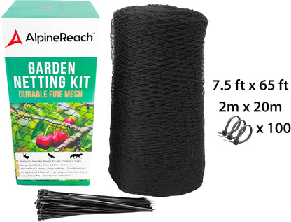 AlpineReach Garden Netting 7.5 x 65 ft Heavy Duty Bird Net, Deer, Plant Protection Extra Strong Woven Mesh, Reusable Kit with Zip Ties, Animal Fencing for Fruits Trees, Black