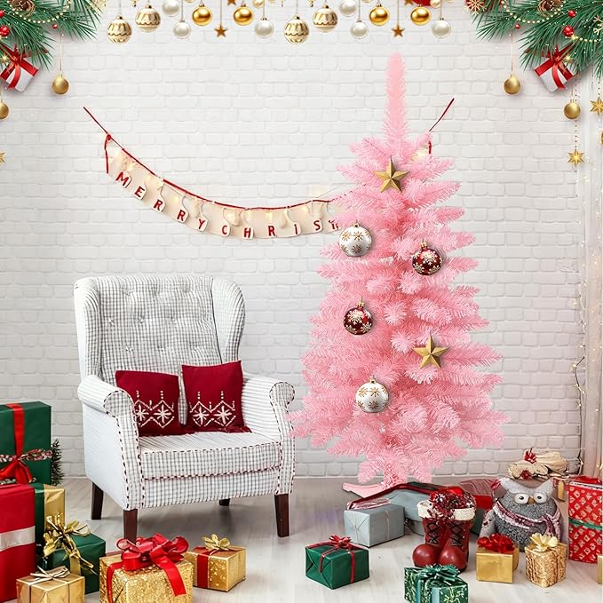 3FT Tabletop Mini Christmas Tree, Artificial Small Christmas Tree for Home, Desk, Office, and Xmas Party Holiday Décor, Easy Assembly, Pink