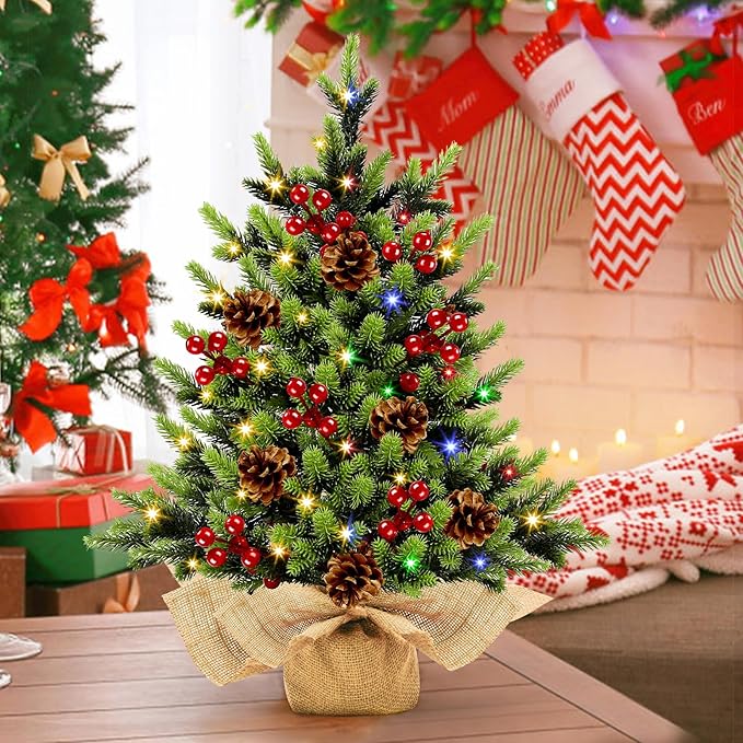 [ 12 Modes & Timer] Christmas Artificial Tree LED Warm Lights Battery Operated Red Berries Pine Cone Burlap Base Indoor Home Christmas Decorations