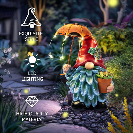 Solar Outdoor Statues Gnome Garden Decor, Garden Gnome with Solar LED Umbrella Decorative for Patio, Balcony, Lawn, Yard Ornament - Unique Gardening Gifts for Mom Grandma