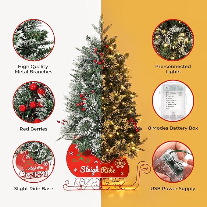 Garvee 3FT Christmas Tree, Pre-Lit Artificial Christmas Trees with Lights, Small Xmas Trees with Sleigh Base & 78 Warm White Lights, Christmas Decoration for Home, Office,1 PCS