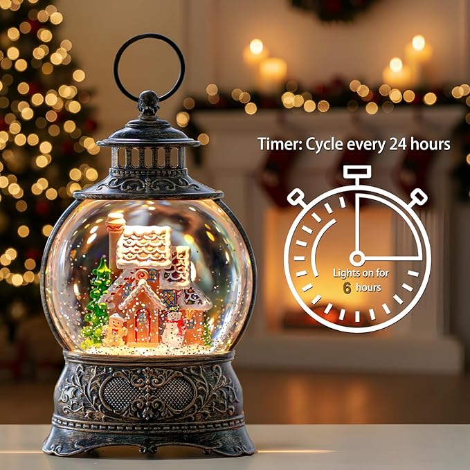 Christmas Snow Globes Christmas Water Lantern with Gingerbread Man & Snowman, Music & 6H Timer, USB Lined/Battery Operated Lighted Lanterns for Xmas Festival Decoration Gifts