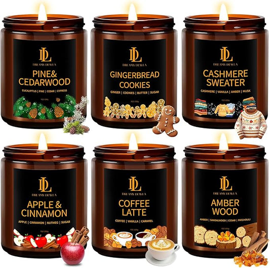 Winter Candle Set, Candles for Home Scented, 6 Pack Soy Candles for Winter, Holiday Candle Gifts for Women Men, Winter Scents of Gingerbread/Apple Cinnamon/Coffee/Pine Cedarwood/Amber Wood/Sweater