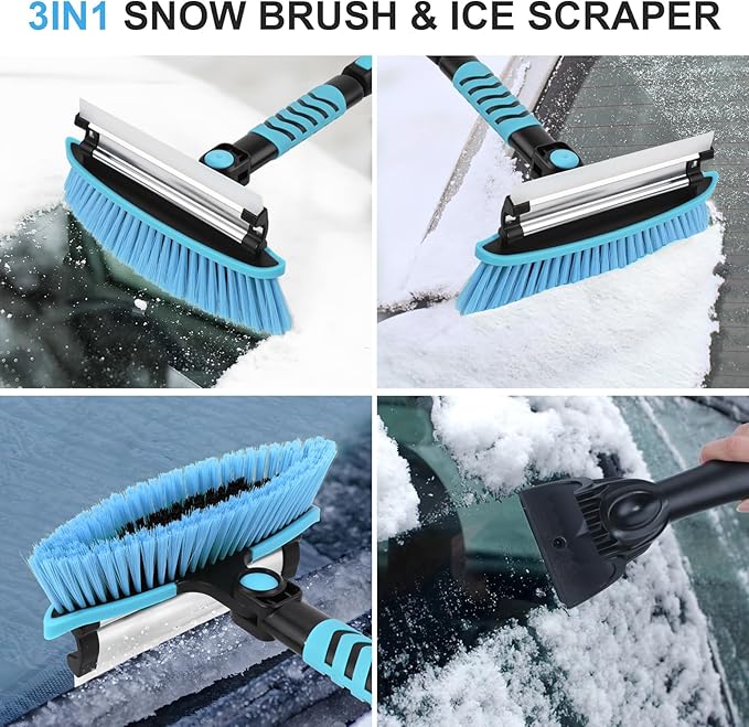 Yougfin Windshield Ice Scraper Car Brush for Snow 43 inch, 3 in 1 Detachable Snow Scraper with Squeegee, 180° Pivoting Brush Head, Foam Grip, Extendable Snow Removal for Auto Truck SUV Van