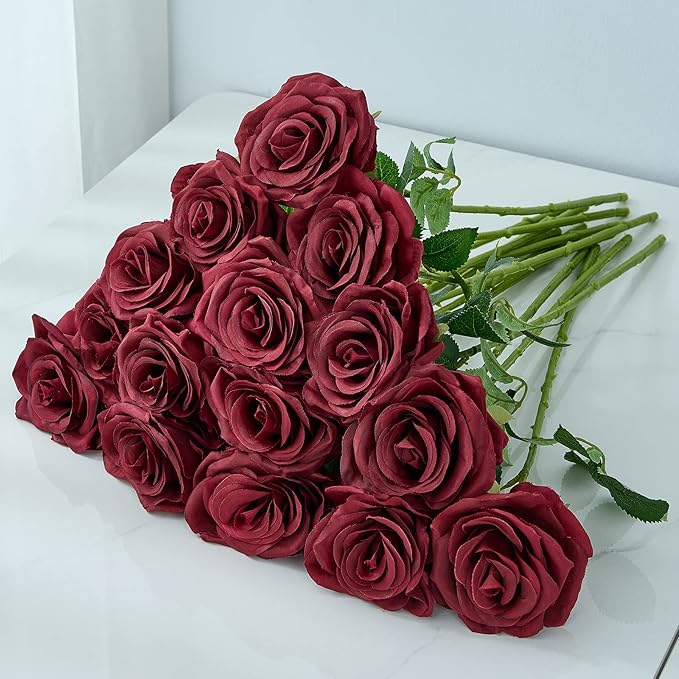 15pcs Artificial Rose Flowers Long Stem Burgundy Fake Silk Roses for DIY Wedding Bouquet Table Centerpiece Home Decor (VASE is NOT Included)