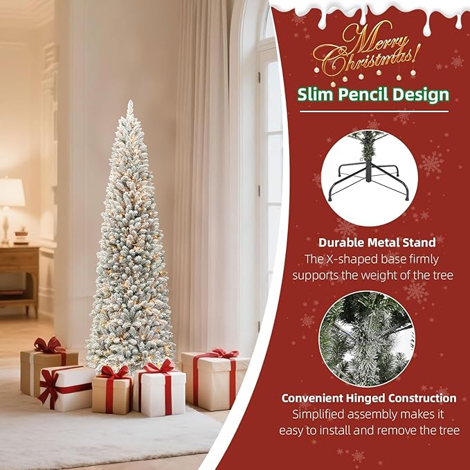 Pencil Prelit Christmas Tree 6ft - Skinny Flocked Artificial Christmas Tree with 210 Warm White Lights, 648 Snowy PVC Branch Tips, Slim Holiday Tree Decoration for Xmas - White