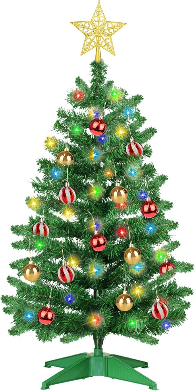 3FT PVC Green Christmas Tree Tinsel with 50 Warm White & Multi Color Fariy Light 3D Star 15 Ball Ornament, 12 Light Modes Timer Battery Operated Small Artificial Full Xmas Tree Indoor Holiday Decor