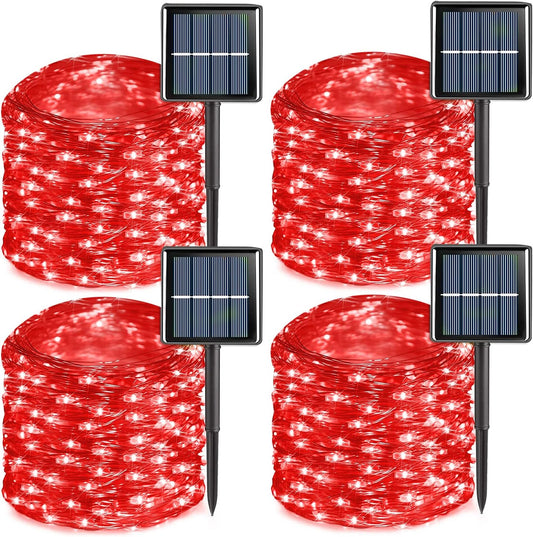 QITONG 4 Pack Red Solar Fairy Lights, Each 33ft 100 LED Christmas String Light Outdoor Waterproof, 8 Modes Silver Wire Mini Twinkle Lights
