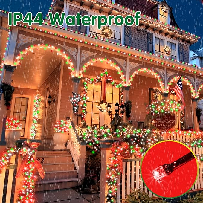 XURISEN Christmas Lights Outdoor 197FT 500 LED Green Wire String Lights 8 Modes with Timer Memory Waterproof Fairy Light Plug in for Xmas Tree Wedding Yard Party Holiday Decorations(Red+Green+White)