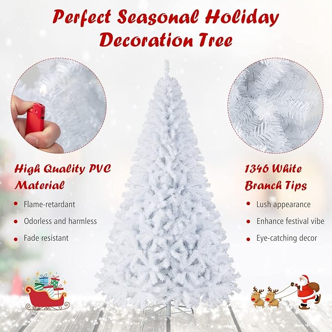 HAPPYGRILL 7.5 Feet White Artificial Christmas Tree with 1346 PVC Branch Tips Unlit Hinged Xmas Pine Tree with Sturdy Metal Base, Artificial Pine Tree for Indoor Outdoor Decor