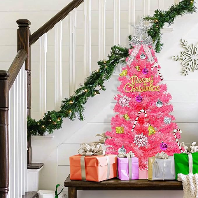 3 Ft Pink Valentine's Day Tree with Dual Color Change Lights Timer Remote, 3D Star&44Ornaments, 8 Modes 50 Warm&Colorful Change Lights Battery Operated, Small Mini Tree Table Indoor Holiday Home Decor
