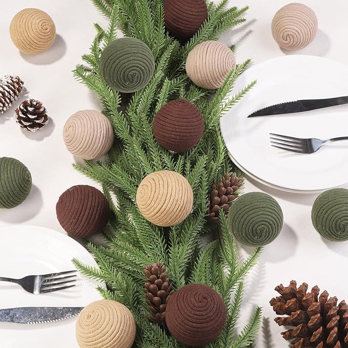 JOICEE 9 Pcs Boho Christmas Ball Ornaments Set, Jute Rope Hanging Balls Neutral Rustic Ornaments Christmas Ball Decoration for Xmas Tree Wreath Garland Party Farmhouse Decor(Green, Linen,Dark Brown)