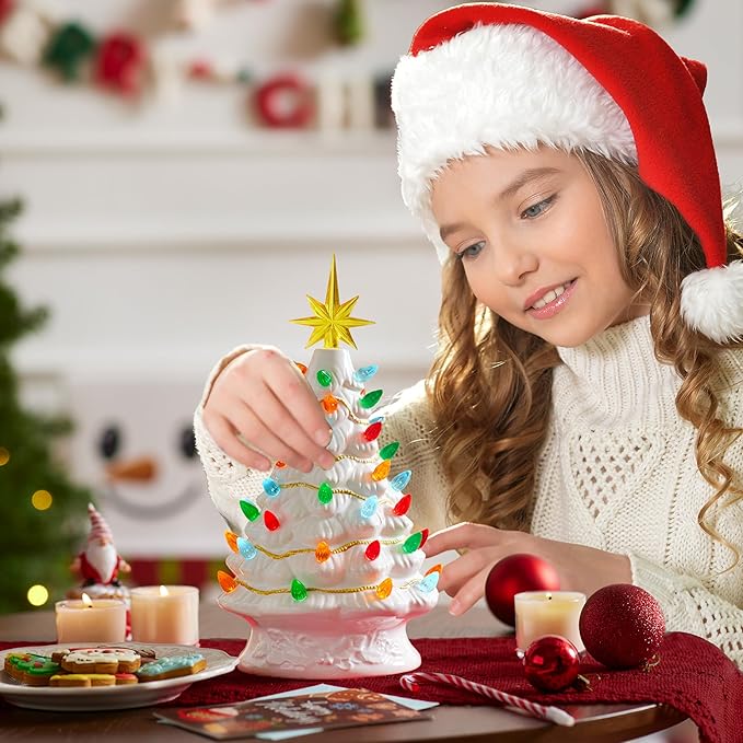 JOIEDOMI 12” White Christmas Ceramic Tree, Light up Tabletop Xmas Tree with 49 LED Lights, Ceramic Decor with Christmas Design, Xmas Holiday Indoor Office Table Centerpiece Decoration