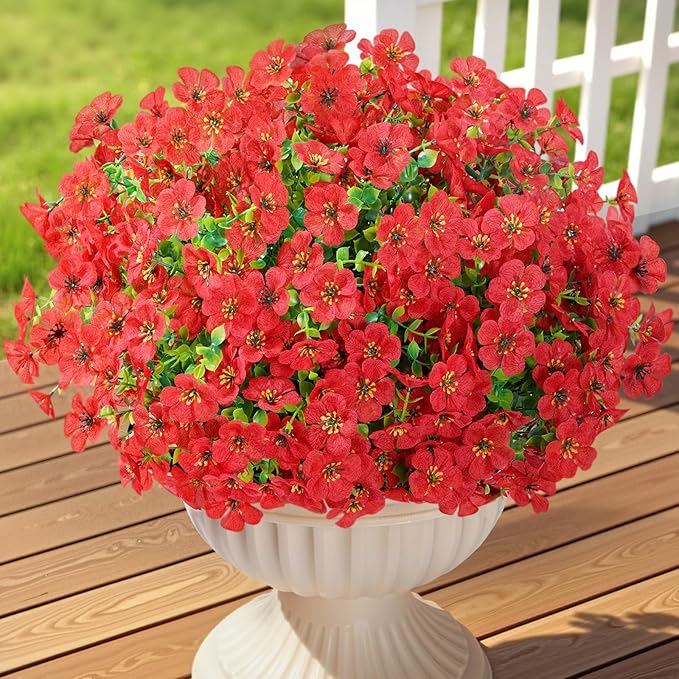 Lifewit Artificial Flowers for Outdoor Indoor, 12 Bundles Plastic Fake Flowers Daisy with Eucalyptus Leaves for Home Garden Decor, Porch, Window Box(Red)