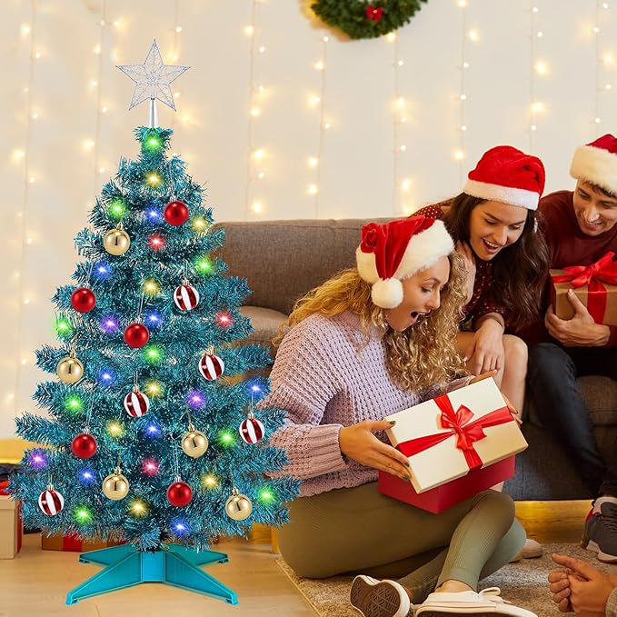[ 12 Modes & Timer ] 3 Ft Blue Christmas Tree with 50 LED Lights, 15 Hanging Balls, 3D Star Topper Battery Operated Prelit Small Christmas Tree Indoor Home Table Holiday Xmas Christmas Decorations