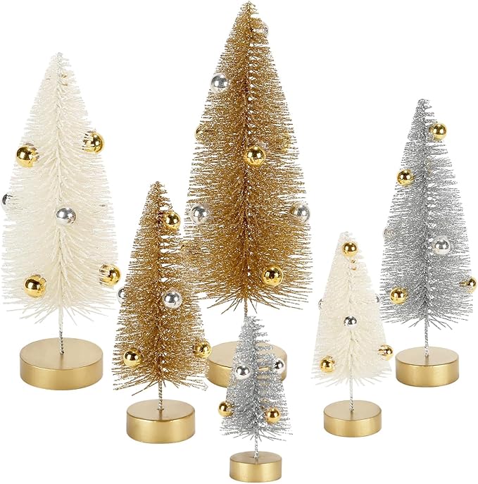 6 Pack Mini Christmas Trees, Small Miniature Frosted Bottle Brush Christmas Tree Decorations Tiny Tabletop Glittered Tree with Bead Ornaments Winter Holiday Décor for Tiered Tray Mantel Assorted Sizes