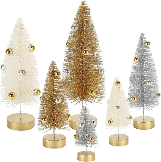 6 Pack Mini Christmas Trees, Small Miniature Frosted Bottle Brush Christmas Tree Decorations Tiny Tabletop Glittered Tree with Bead Ornaments Winter Holiday Décor for Tiered Tray Mantel Assorted Sizes