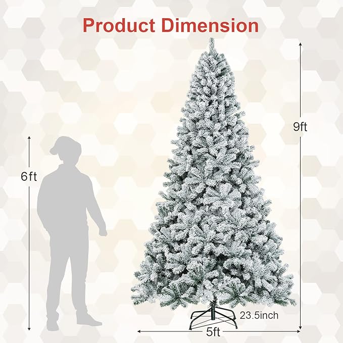 COSTWAY 9 FT Snow Flocked Christmas Tree, Artificial Holiday Hinged Pine Tree with 1498 Branch Tips, Solid Metal Stand, Premium Xmas Full Fake Tree for Home, Office, Party Decoration