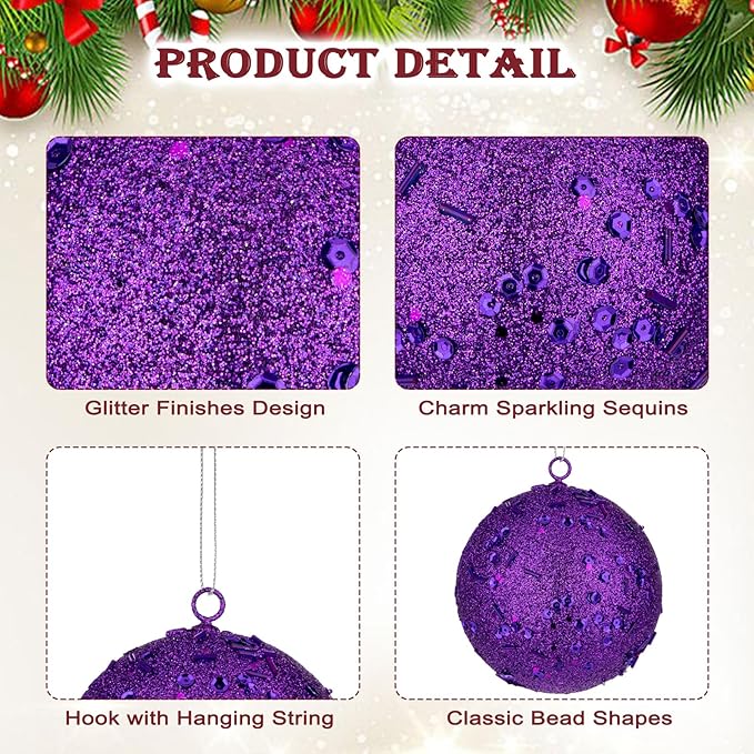3.15" Large Christmas Balls Ornaments 6 Pcs Shatterproof Big Purple Christmas Ornaments for Xmas Tree Bulk Glitter Big Xmas Tree Ornament for Trees Halloween Holiday Wedding Party Decoration