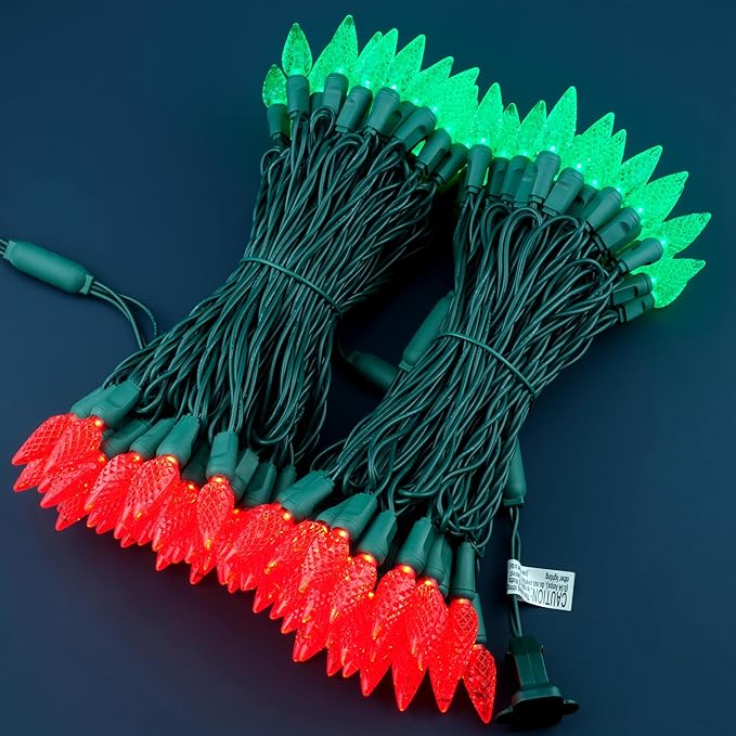 YULETIME Red and Green One-Piece C6 Strawberry Christmas Lights 140 Count 71 Feet, 2 Sets 70 LED 35.5 ft High Waterproof UL Certified String Light (Red & Green)