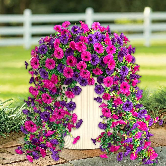 Rich and Eye-catching 5 PCS Artificial Hanging Flowers，Silk Morning Glory Faux Flowers with Eucalyptus Leaves,uv Resistant Fake Hanging Petunias Plants for Yard Decoration(Purple Red)