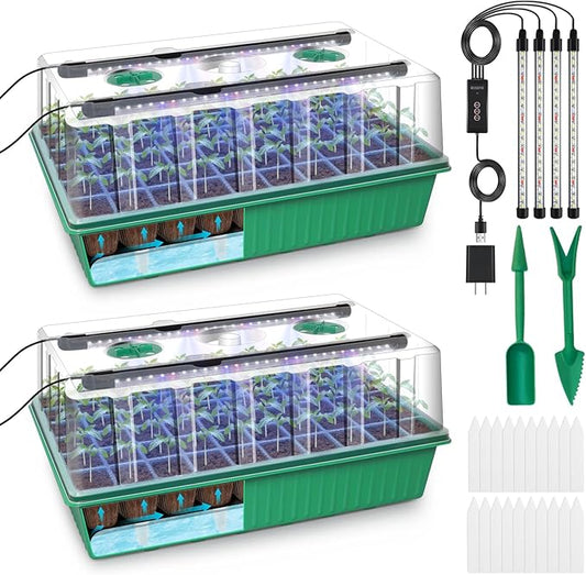 GOOINMILL Self-Watering Seed Starter Tray with Timed Grow Light, 2 Pack 120 Cells Plant Starter Tray Seedling Starter Kit with Humidity Domes Base Indoor Mini Greenhouse Plant Germination Trays