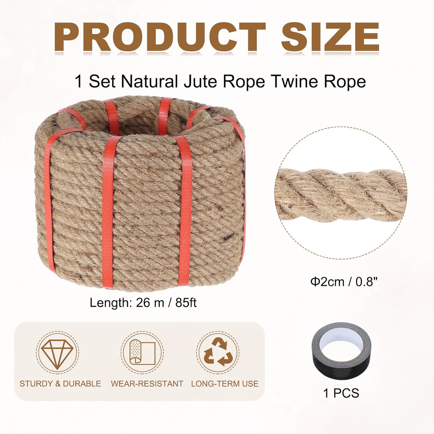 MECCANIXITY Jute Rope 0.8 Inch x 85ft, Thick Twine Rope Ropes Braided Jute Twine Natural Brown Burlap Cord String Heavy Twisted with Tape for Decorative Crafts Railing Swing Tug of War