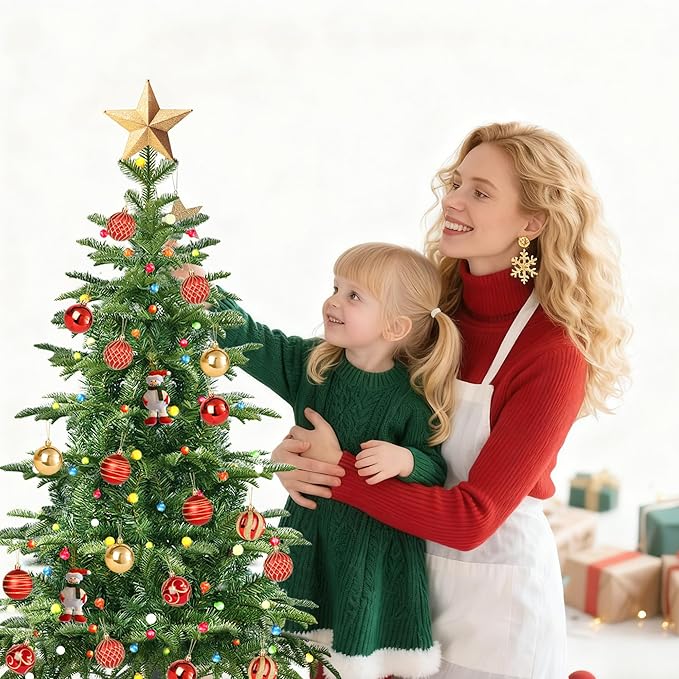 4Ft Prelit Artificial Christmas Tree, Lighted Aspen Fir Christmas Tree with Multicolor Global Lights and Metal Stand, Slim PE & PVC Mixed Layered Xmas Tree for Holiday Home Decor