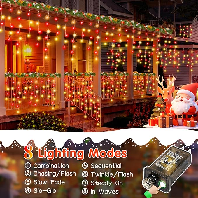 49ft 480LED Outdoor Waterproof String Lights with 8 Modes Timer - Curtain Lights for Outdoor House, Wedding, Holiday & Christmas Decorations - Red & Warm White