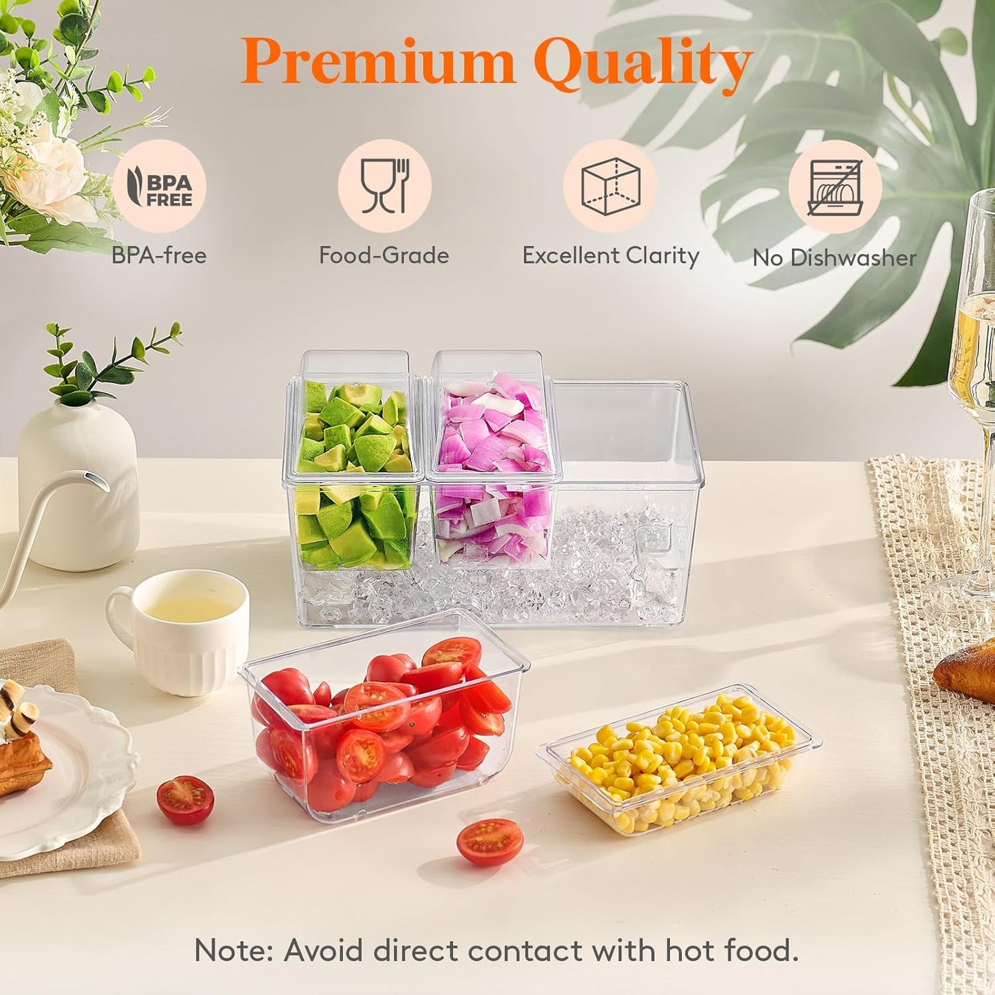 Lifewit 2 Pack Ice Chilled Condiment Caddy with 3 Containers(2.5 cup), Condiment Server with Separate Lids, Serving Tray Platter for Bar Accessories, Fruit, Salad, Taco, Party Garnish