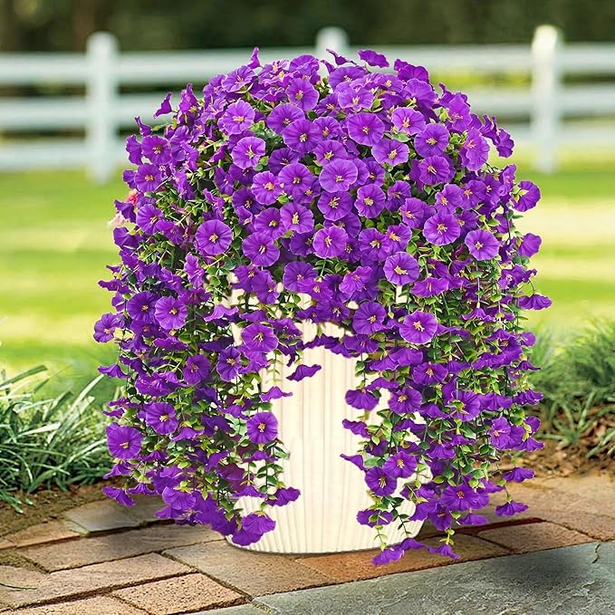 Rich and Eye-catching 5 PCS Artificial Hanging Flowers，Silk Morning Glory Faux Flowers with Eucalyptus Leaves,uv Resistant Fake Hanging Petunias Plants for Yard Decoration(Purple)