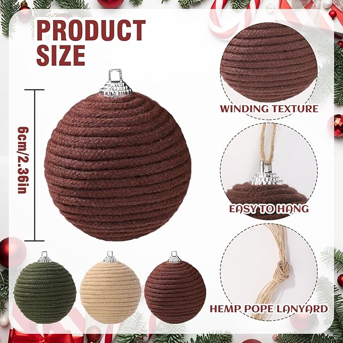JOICEE 9 Pcs Boho Christmas Ball Ornaments Set, Jute Rope Hanging Balls Neutral Rustic Ornaments Christmas Ball Decoration for Xmas Tree Wreath Garland Party Farmhouse Decor(Green, Linen,Dark Brown)