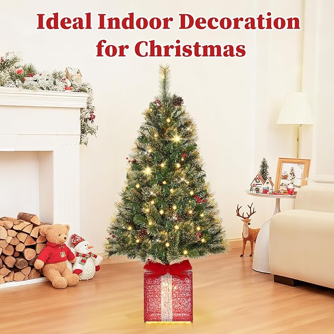 Brightever 4FT Christmas Tree with Warm White LED Lights, Pre-lit Artificial Christmas Trees for Outdoor Indoor Decorations, Unique Gift Box Base, Plug in Outdoor Xmas Tree for Porch, Tabletop, Green