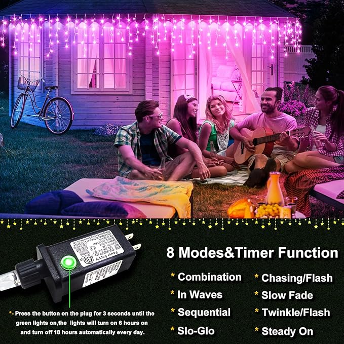 Icicle Christmas Lights Outdoor 33ft 400 LED Pink Christmas Lights for Outside 8 Modes with 75 Drops, Waterproof Icicle Light Plug in for Indoor Party House Christmas Decorations