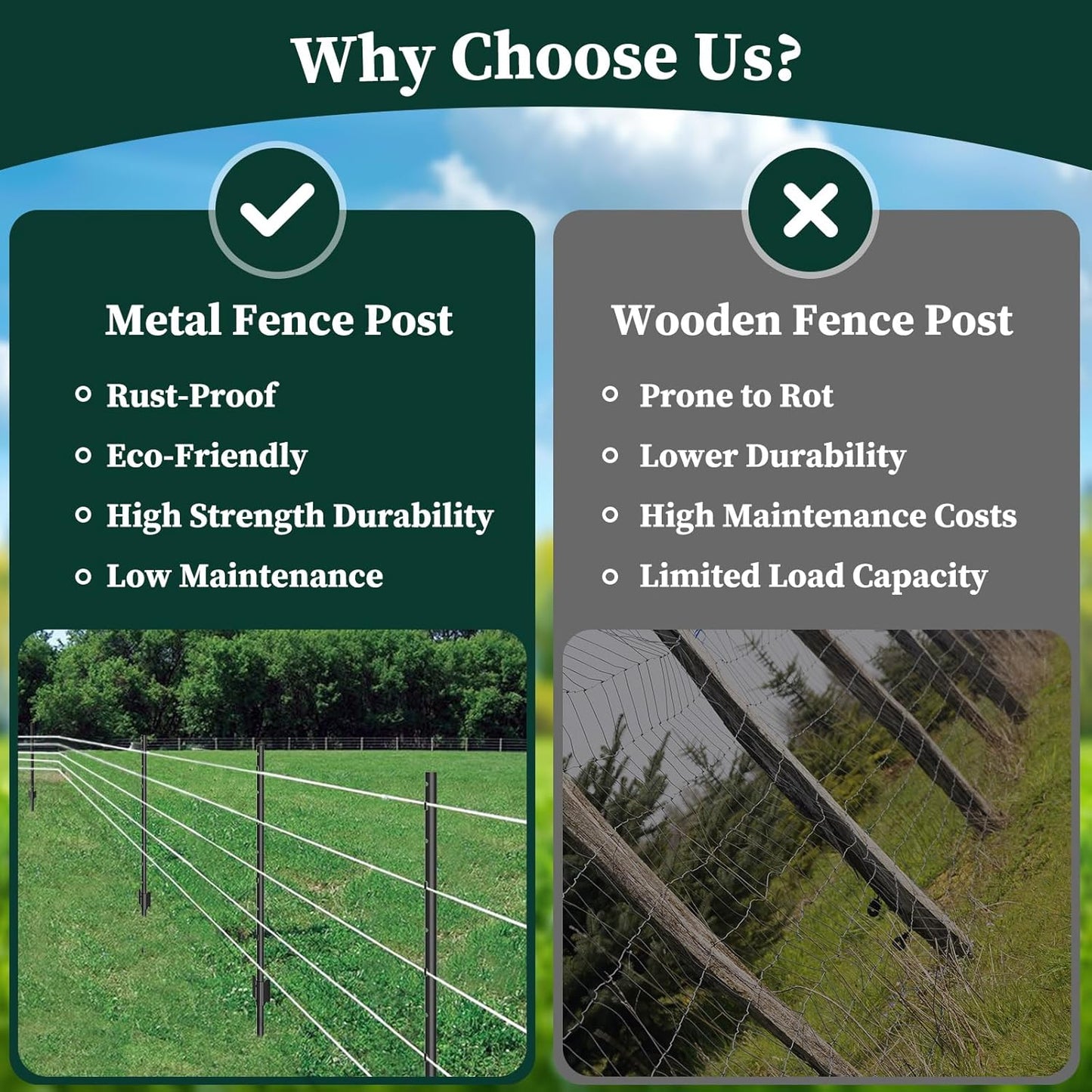 10 Pack Garden Fence Post, 5 Feet Heavy Duty Metal U-Post for Wire Fence, No Dig Garden Fence Stakes for Temporary Fencing, Electric Fence Wire, Corner Anchor, and More-Black