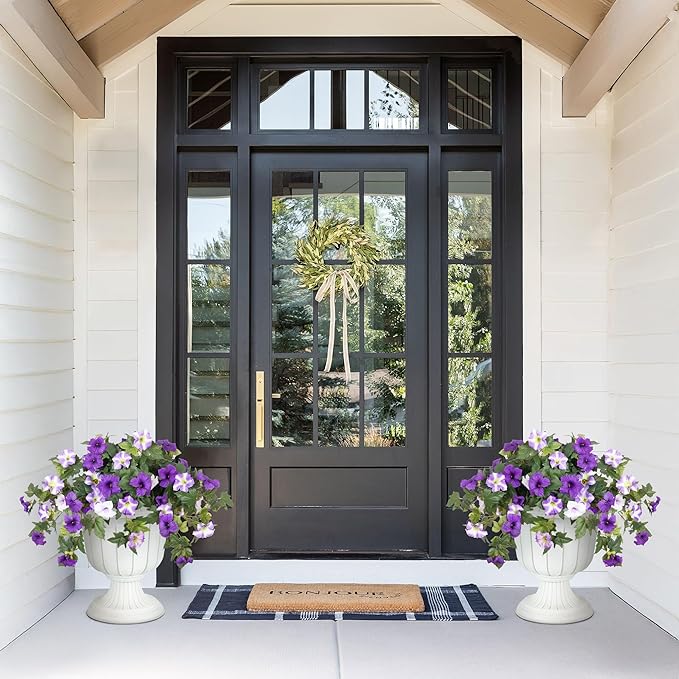 Artificial Fake Flowers Plants for Outdoor Decoration, 2PCS Faux Petunias Silk Flower UV Resistant No Fade for Home Outside Garden Balcony Yard Porch Realistic Indoor Decor (Purple White)