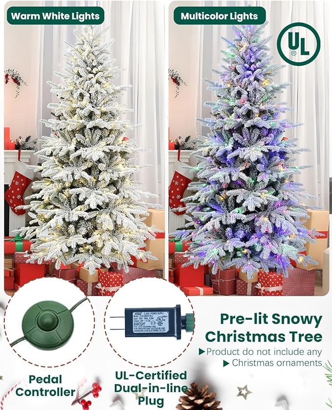 Flocked Christmas Tree Prelit 4ft | Leheyhey Small Christmas Tree with LED Lights, Memory Steel Wire Branch Simulation of Fir Tree, Foldable Metal Base, 739 PE & PVC Mixed Branch Tips