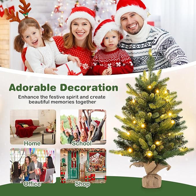 HAPPYGRILL 2 FT Tabletop Christmas Tree, Battery Operated Artificial Xmas Tree with 35 Warm White LED Lights, Small Spruce Fir Tree with 234 Tips and Solid Cement Base for Home Decor