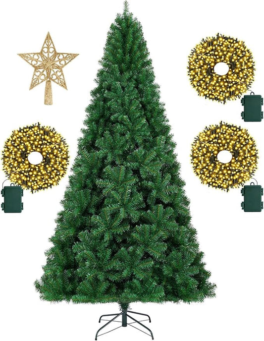 KTKDE 7.5ft Artificial Christmas Tree is a Green one with 1450 Tips and 300 Battery-Powered LED Columns. It Features 7.87-inch Golden Five Pointed Star and is Perfect for Family and Office Gatherings