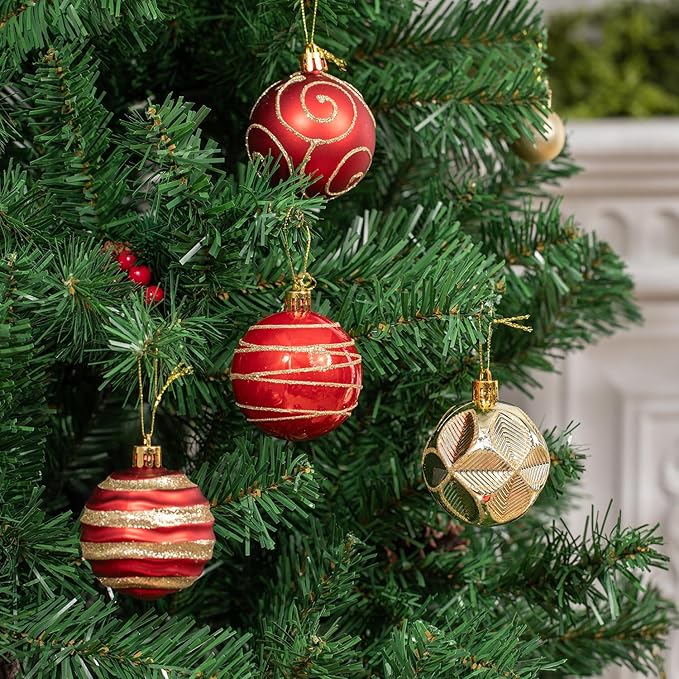 100 Pack Red and Gold Christmas Ball Ornaments Set, Hand-Painted Shatterproof Hanging Decorations, Assorted Baubles Bulk for Xmas Tree Wreath, Winter Holiday Home Party Decor
