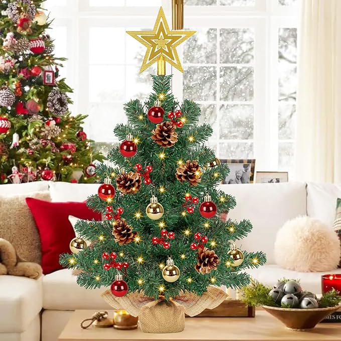 [ 8 Modes & Timer] 24 Inch Small Tabletop Christmas Tree with 50 Warm White Lights Star Treetop and Ornaments Artificial Mini Christmas Tree Indoor Home Table Christmas Decorations