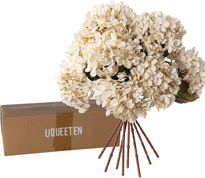 Artificial Flower Fake Silk Hydrangea Heads Bouquet with Stems Bulk for Fall Decoration Table Center Christmas Indoor Outdoor Faux Floral Realistic with Leaves Plants Crafts 8PCS(White)