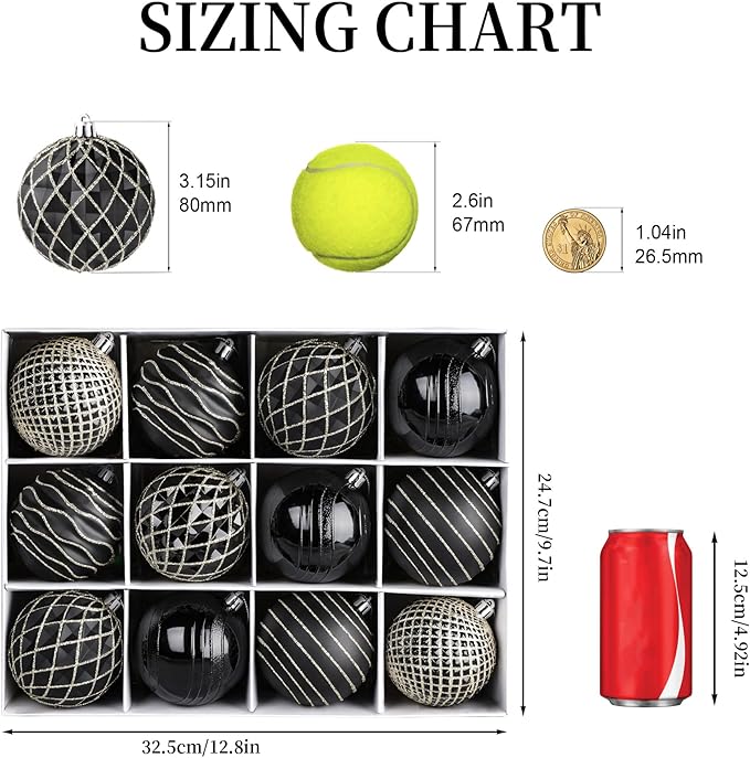 SHareconn 80mm Christmas Balls Ornaments,12PCS Colored Shatterproof Plastic Decorative Hanging Tree Decorations Baubles Set for Xmas Tree Decor Holiday Party Wedding Decoration with Lanyard,Black&Gold