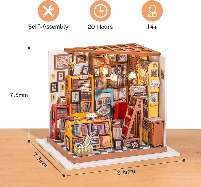 ROBOTIME DIY Miniature House Kit Miniature Dollhouse Kit Tiny House Kit for Adults Library House Kits Best Birthday Gifts for Teens(Sam's Study)