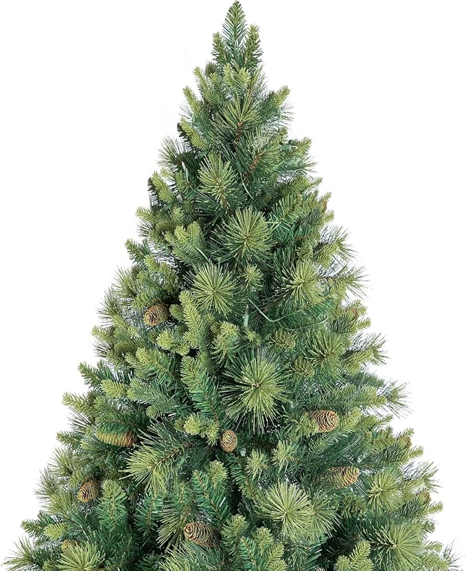 Naomi Home Vail 9ft Prelit Artificial Christmas Tree with Pine Cones, Foot Pedal, 2294 Branch Tips, 1050 Warm Lights and Metal Stand, 62" Wide Realistic Traditional Christmas Tree with Lights
