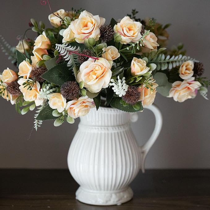 3 Bundles Fall Artificial Flowers Bouquet, Mixed Artificial Rose Silk Roses Flowers Fake Roses Artificial Flowers Roses Bouquet for Centerpiece Table Wedding Party Home Decor (White)